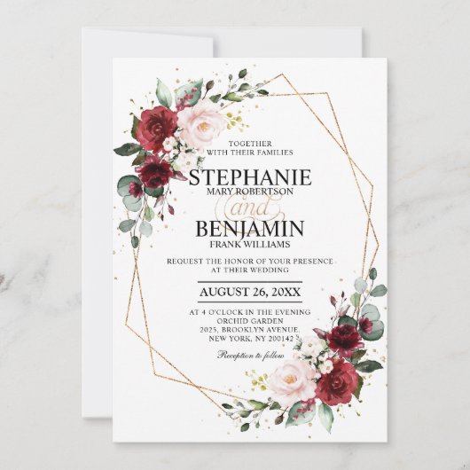 Burgundy Blush Floral Geometric Wedding Kaart (Voorkant)