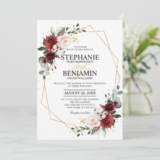 Burgundy Blush Floral Geometric Wedding Kaart (Staand voorkant)