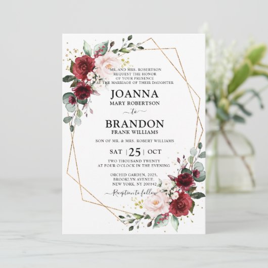 Burgundy Blush Floral Geometric Wedding Kaart (Staand voorkant)