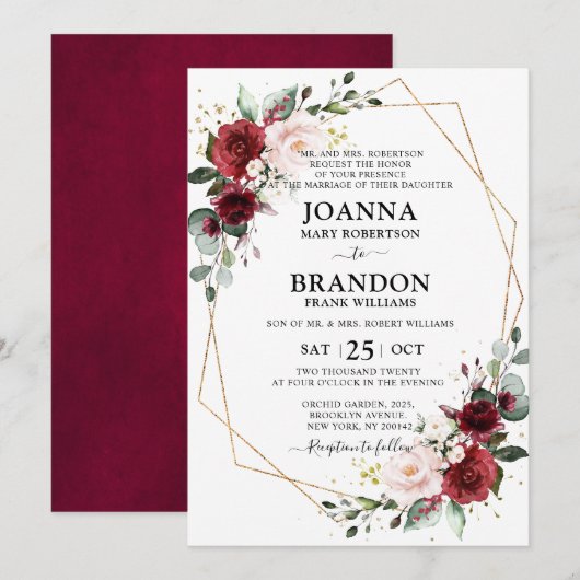 Burgundy Blush Floral Geometric Wedding Kaart (Voorkant / Achterkant)