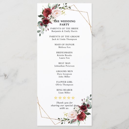 Burgundy Blush Floral Geometric Wedding Reception Programmakaart (Achterkant)