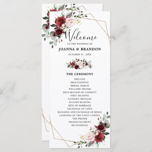 Burgundy Blush Floral Geometric Wedding Reception Programmakaart (Voorkant / Achterkant)