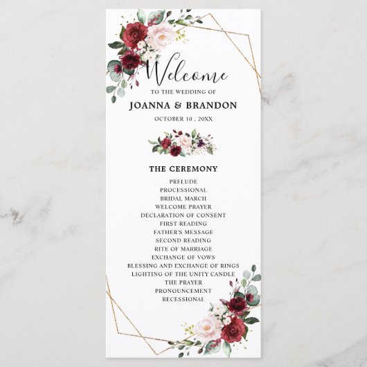Burgundy Blush Floral Geometric Wedding Reception Programmakaart (Voorkant)