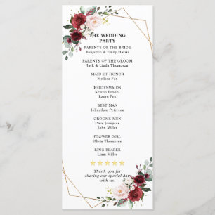 Burgundy Blush Floral Geometric Wedding Reception Programmakaart
