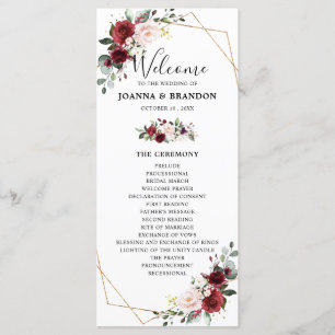 Burgundy Blush Floral Geometric Wedding Reception Programmakaart