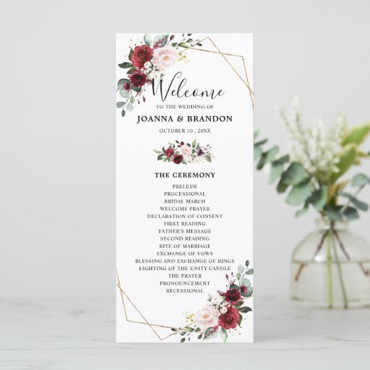 Burgundy Blush Floral Geometric Wedding Reception Programmakaart (Staand voorkant)