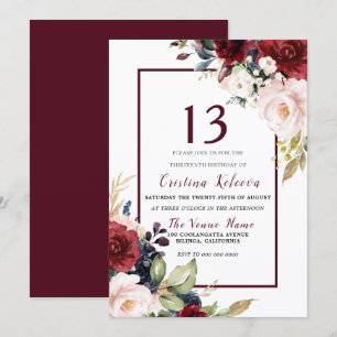 Burgundy Blush Floral Girls 13th Birthday Party Kaart
