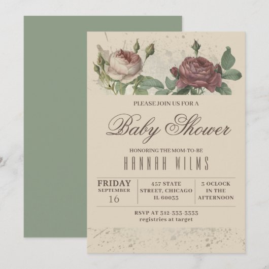 Burgundy Blush Floral Gold Baby shower Invitation Kaart (Voorkant / Achterkant)