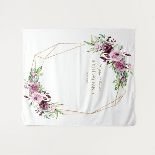 Burgundy Blush Floral Gold Birthday Foto Prop Wandkleed (Voorkant (horizontaal))
