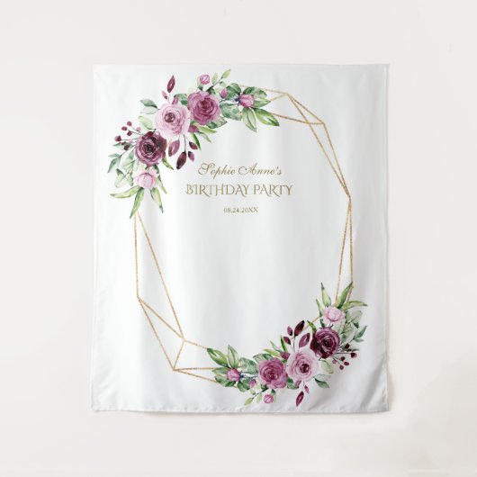 Burgundy Blush Floral Gold Birthday Foto Prop Wandkleed (Voorkant)