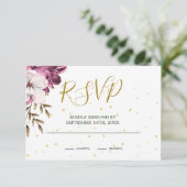 Burgundy Blush Floral Gold Elegant Chic RSVP Kaartje (Staand voorkant)