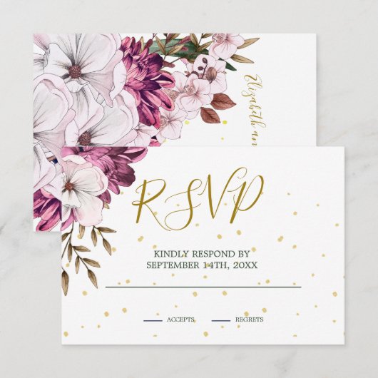 Burgundy Blush Floral Gold Elegant Chic RSVP Kaartje (Voorkant / Achterkant)