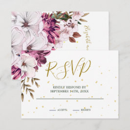 Burgundy Blush Floral Gold Elegant Chic RSVP Kaartje