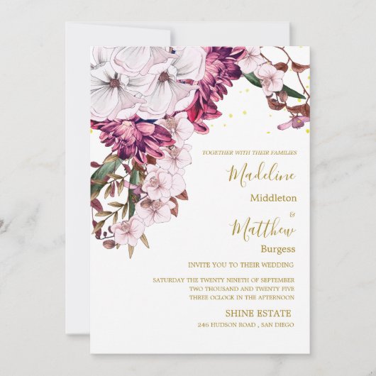 Burgundy Blush Floral Gold Elegant Chic Wedding Kaart (Voorkant)