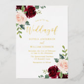 Burgundy & Blush Floral Gold Foil Text Weddenschap Folie Uitnodiging (Voorkant)