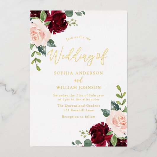 Burgundy & Blush Floral Gold Foil Text Weddenschap Folie Uitnodiging (Voorkant)
