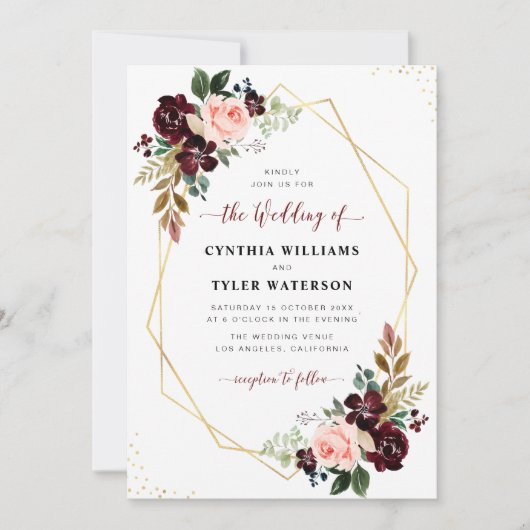 burgundy & blush floral gold geometric bruiloft kaart (Voorkant)