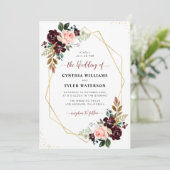 burgundy & blush floral gold geometric bruiloft kaart (Staand voorkant)