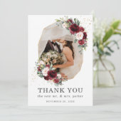 Burgundy Blush Floral Gold Geometric Photo Weddens Bedankkaart (Staand voorkant)