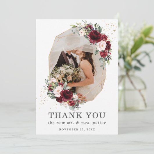 Burgundy Blush Floral Gold Geometric Photo Weddens Bedankkaart (Staand voorkant)