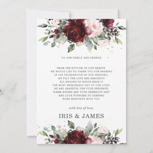 Burgundy Blush Floral Gold Geometric Photo Weddens Bedankkaart (Achterkant)