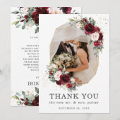 Burgundy Blush Floral Gold Geometric Photo Weddens Bedankkaart (Voorkant / Achterkant)