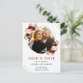 Burgundy Blush Floral Gold Geometric Save the Date Briefkaart (Staand voorkant)