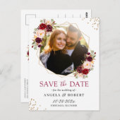 Burgundy Blush Floral Gold Geometric Save the Date Briefkaart (Voorkant / Achterkant)