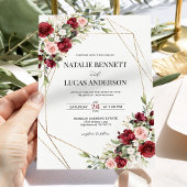 Burgundy Blush Floral Gold Geometric Wedding  Kaart