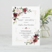 Burgundy Blush Floral Gold Glitter Baby shower Kaart (Staand voorkant)