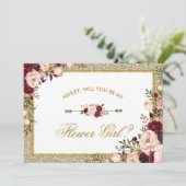 Burgundy Blush Floral Gold Glitter Bloemenmeisje Kaart (Staand voorkant)