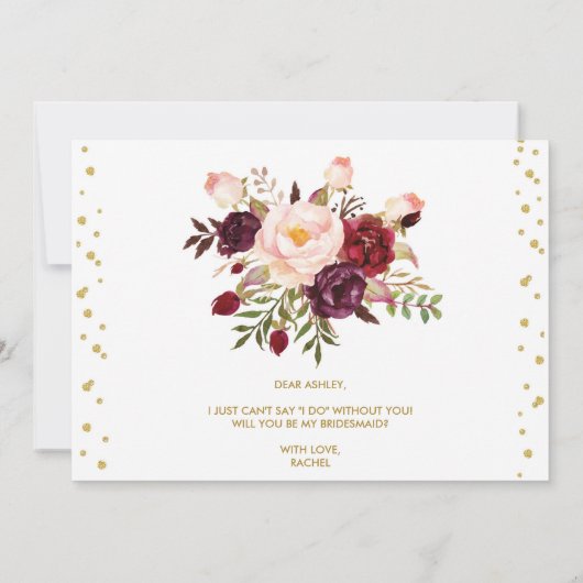 Burgundy Blush Floral Gold Glitter Bloemenmeisje Kaart (Achterkant)