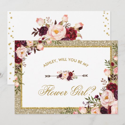 Burgundy Blush Floral Gold Glitter Bloemenmeisje Kaart (Voorkant / Achterkant)