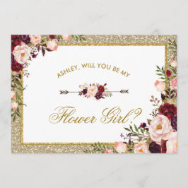 Burgundy Blush Floral Gold Glitter Bloemenmeisje Kaart