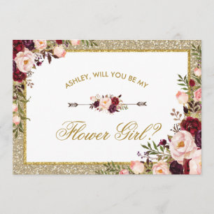 Burgundy Blush Floral Gold Glitter Bloemenmeisje Kaart