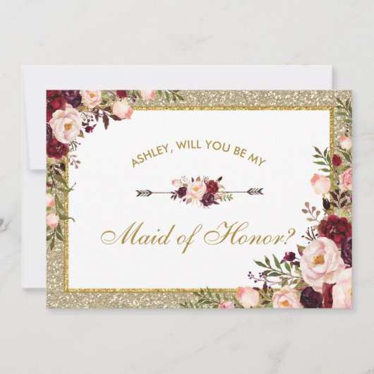 Burgundy Blush Floral Gold Glitter Maid of Honor Kaart (Voorkant)