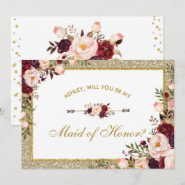 Burgundy Blush Floral Gold Glitter Maid of Honor Kaart