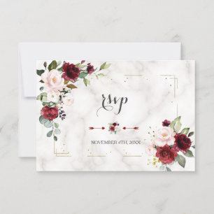 Burgundy Blush Floral Gold Glitter Marble Wedding RSVP Kaartje