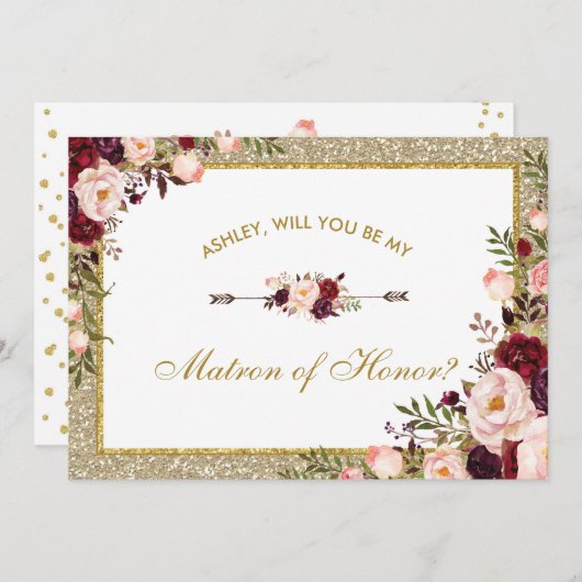 Burgundy Blush Floral Gold Glitter Matron of Honor Kaart (Voorkant / Achterkant)