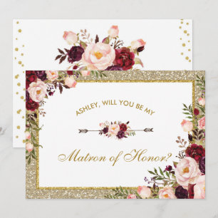 Burgundy Blush Floral Gold Glitter Matron of Honor Kaart