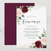 Burgundy Blush Floral Gold Glitter Quinceanera Kaart (Voorkant / Achterkant)
