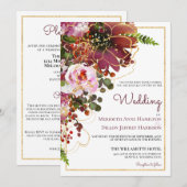 Burgundy Blush Floral Gold in één huwelijk Kaart (Voorkant / Achterkant)