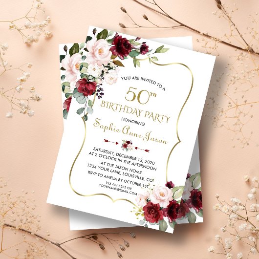Burgundy Blush Floral Gold Lijst 50e verjaardag Kaart