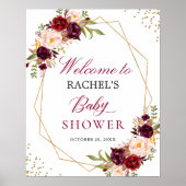 Burgundy Blush Floral Gold Lijst Baby shower Sign Poster (Voorkant)
