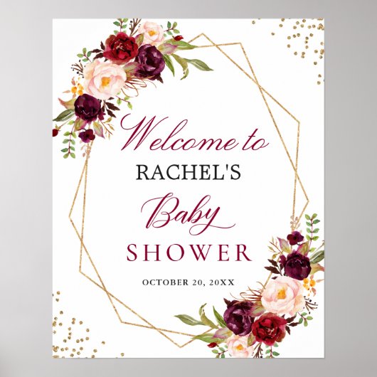 Burgundy Blush Floral Gold Lijst Baby shower Sign Poster (Voorkant)