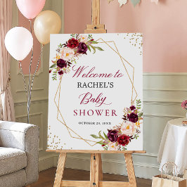 Burgundy Blush Floral Gold Lijst Baby shower Sign Poster