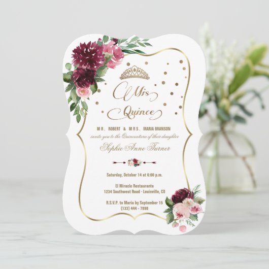 Burgundy Blush Floral Gold Mis Quince Quinceañera Kaart (Staand voorkant)