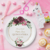 Burgundy Blush Floral Gold Mis Quince Quinceañera Papieren Bordje (Feest)