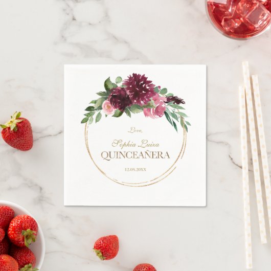 Burgundy Blush Floral Gold Mis Quince Quinceañera Servet (Insitu)