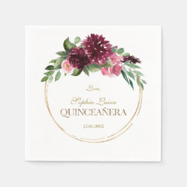 Burgundy Blush Floral Gold Mis Quince Quinceañera Servet